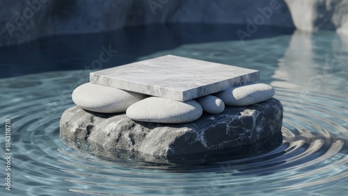 Zen Stone Platform in Calm Water with Marble Top for Relaxation and Meditation Design