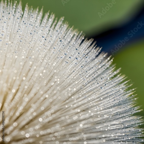 Macro Close up of Dandelion Seed Head Covered in Sparkling Morning Dew Drops