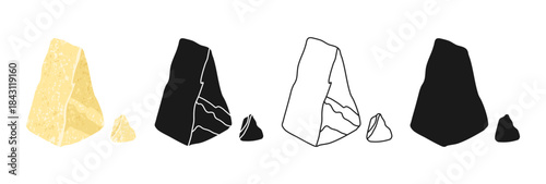 Parmesan Cheese cartoon clipart illustration and simple stylized symbols set. A piece of Parmesan cheese linear doodle contour icon and black silhouette. Vector fun design for food or dairy projects