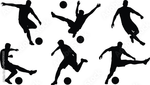 Soccer player silhouette vector set showing dynamic football poses like kicking, dribbling, and acrobatic moves for sports design themes