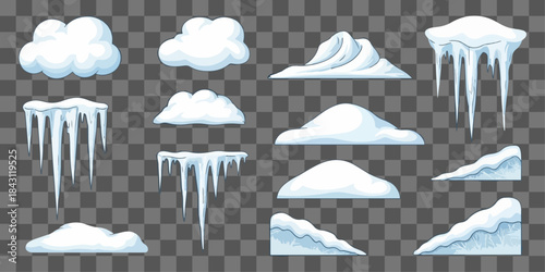 Set of Cartoon Winter Elements Snow Drifts Icicles and Clouds