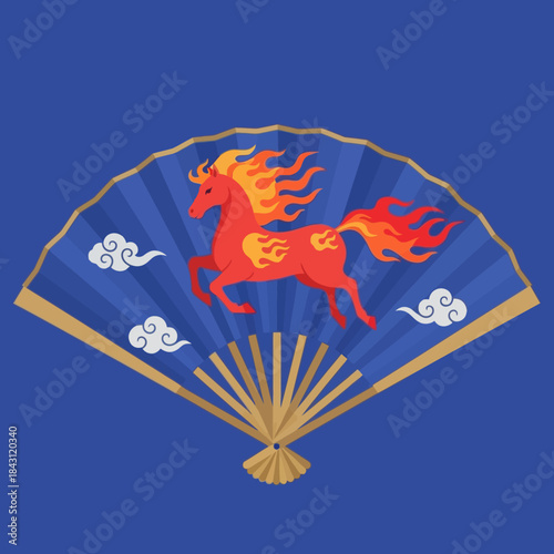 Chinese new year, horse with flame on fan and cloud, vector illustration, eps format.