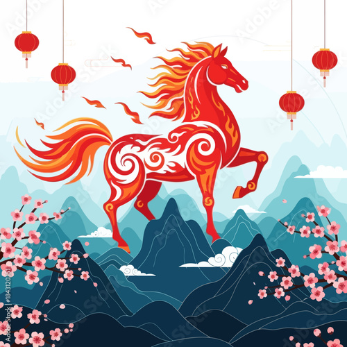 Fiery horse prances on mountain range under hanging lanterns, celebrating chinese new year.