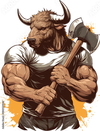 Mighty Bull: A strong bull, half human holding an ax with a determined gaze, symbolizes power, strength, and perseverance.