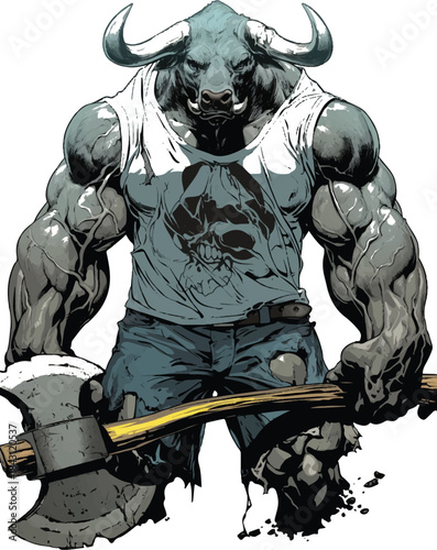 Minotaur Warrior with Battle Axe: A formidable Minotaur stands ready for battle, its muscular frame emphasized with a fearsome battle axe, a symbol of strength and determination. 