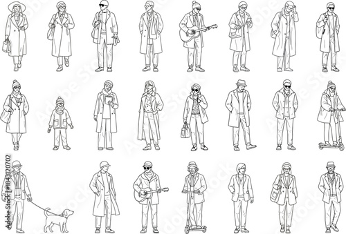 A diverse group of people depicted in black and white line art sketches