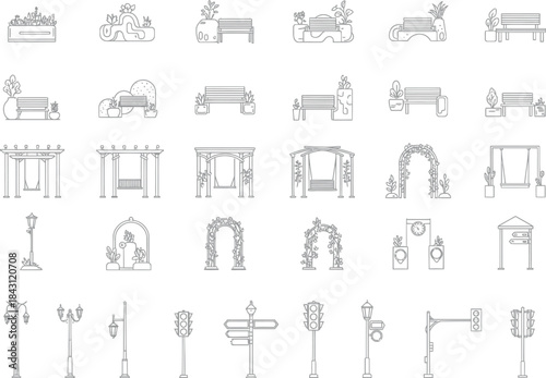 A collection of linear icons for park furniture, garden structures, and street elements