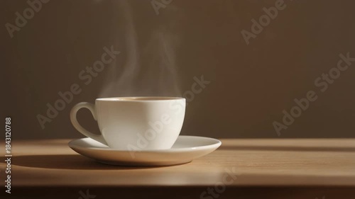 Wallpaper Mural Steaming hot beverage in a white cup on a wooden table with a warm background. Torontodigital.ca