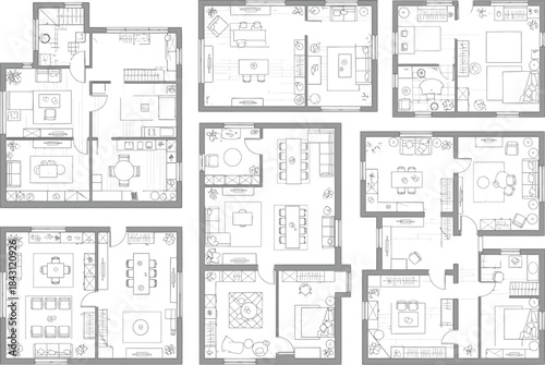 A collection of various architectural blueprints depicting modern house and apartment layouts