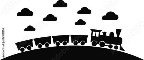 Silhouette illustration of train on hills under cloud on transparent background