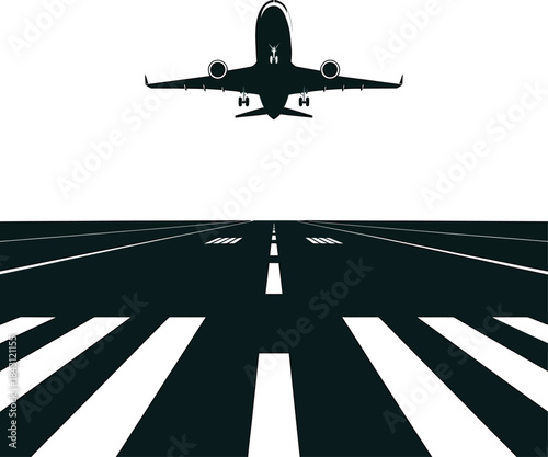 Silhouette of airplane flying over runway prepared for landing at airport