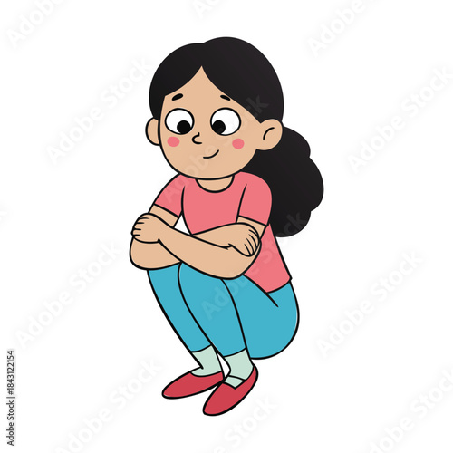 A girl sits curled up, hugging her legs close, lost in thought, a quiet moment of introspection and vulnerability captured in gentle, tender stillness.
