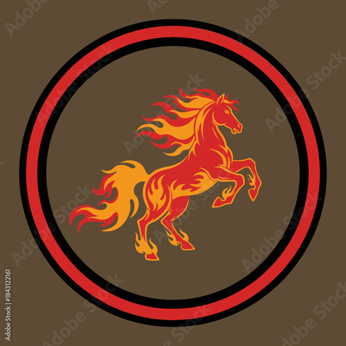Fiery horse emblem on a circular badge with red and black trim, prancing with flames.