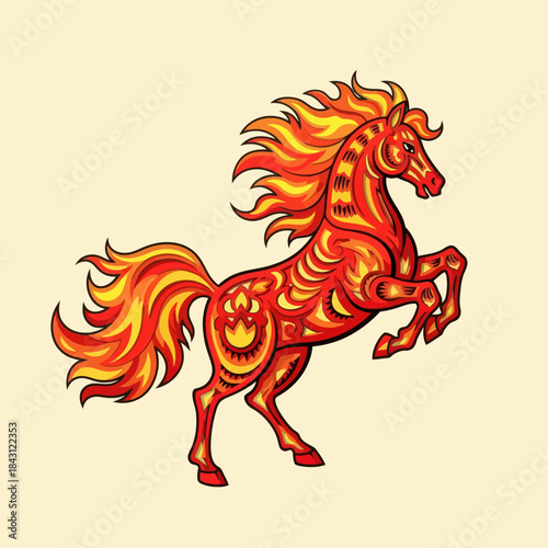 Fiery horse illustration in red and yellow tones, rearing up on its hind legs. Vector.