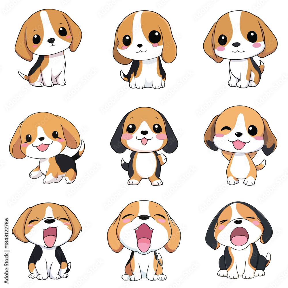Obraz premium Set Icon of Beagle kawaii minimal flat