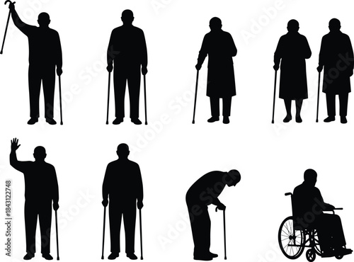 Elderly people silhouette collection, senior men and women using walking sticks and wheelchair, aging healthcare vector illustration, isolated on white background