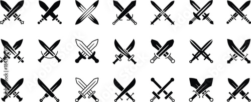 Set of 20 crossed sword icons in black and white, medieval weapon silhouettes for gaming, combat, fantasy, and design themes.