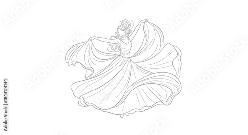 Elegant woman twirling in a flowing gown outlined with intricate detailing offering artistic