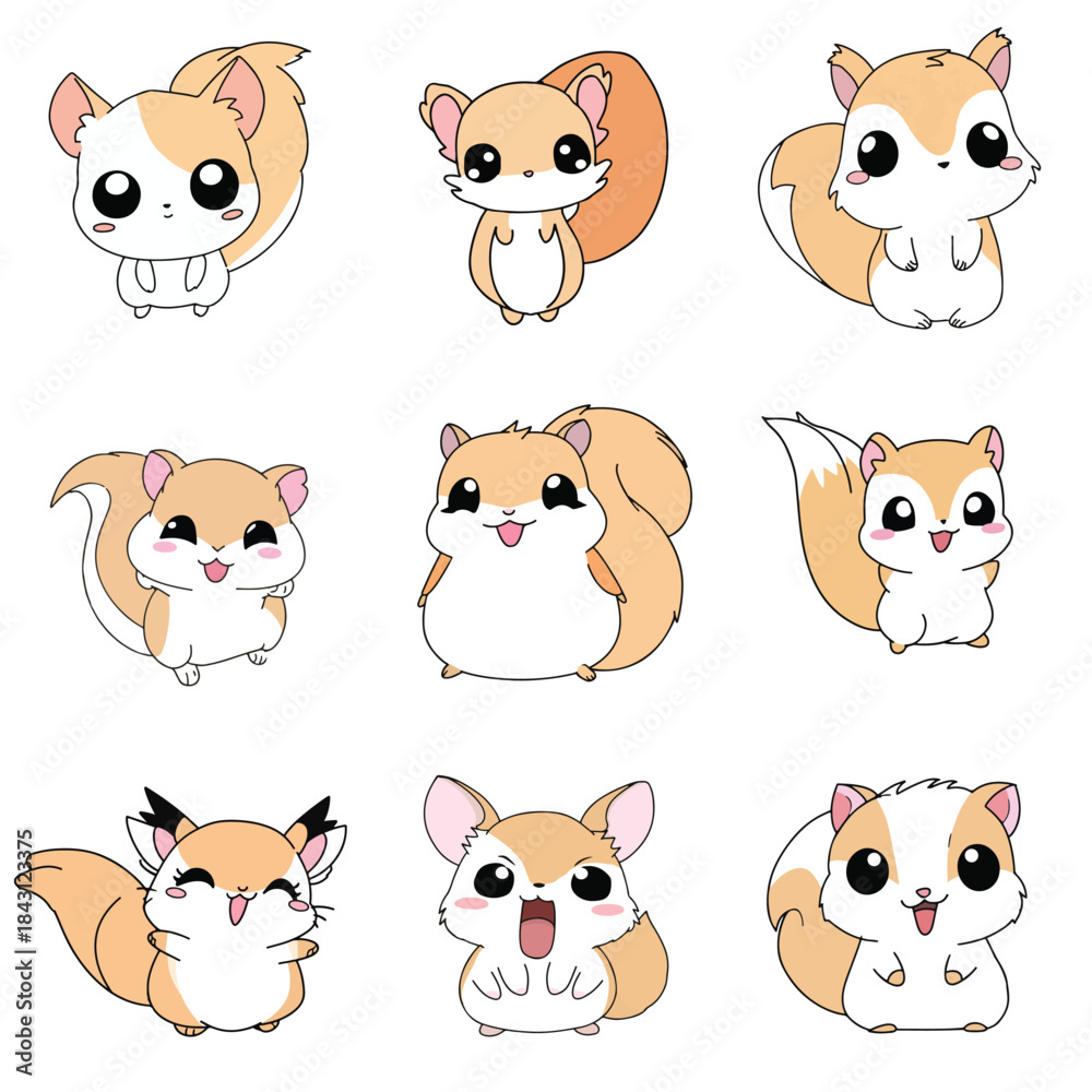Fototapeta premium Set Icon of Flying squirrel kawaii minimal flat