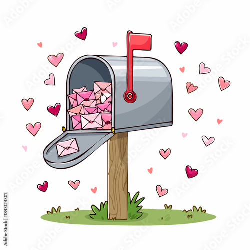 Cute February themed sketch of open mailbox filled with tiny envelopes