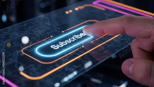 Futuristic Touchscreen Interface with 'Subscribe' Button Highlighted by Finger Interaction