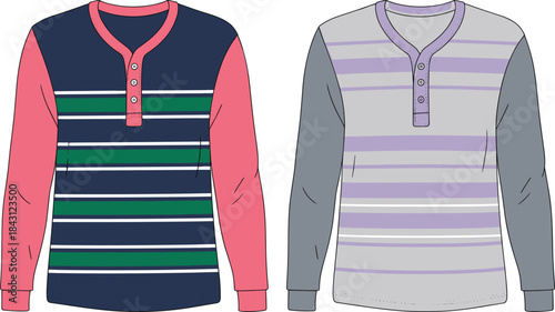 Men long sleeve henley t shirt design, striped casual apparel vector illustration, modern fashion clothing mockup isolated on white background