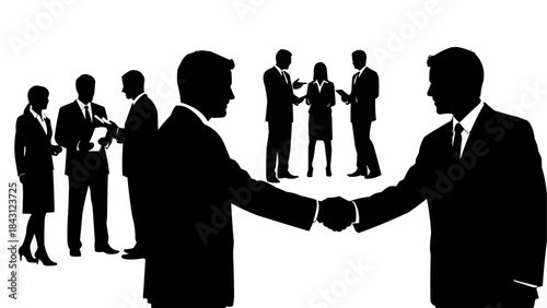 Two businessmen shaking hands in a deal closing gesture.