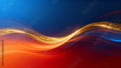 Abstract digital wave background with golden glitter, blue and red gradient, dynamic flow, modern design for tech, art, business concepts, wallpaper or decor.