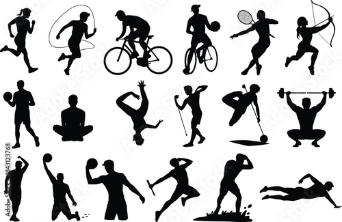 Silhouette collection of diverse sports and fitness activities including running, swimming, yoga, cycling, archery, dancing, and ball games