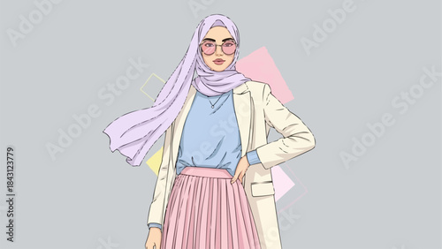 Stylish Muslim Woman in Modern Hijab Fashion Outfit.