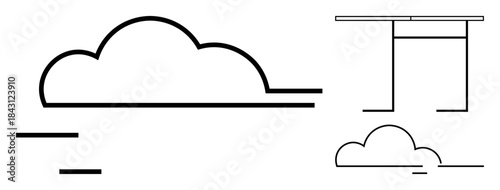 Nature, spirituality, mindfulness, minimalism, harmony, weather. Stylized cloud and gate drawn with clean lines. Nature and spirituality concept with minimalist line art