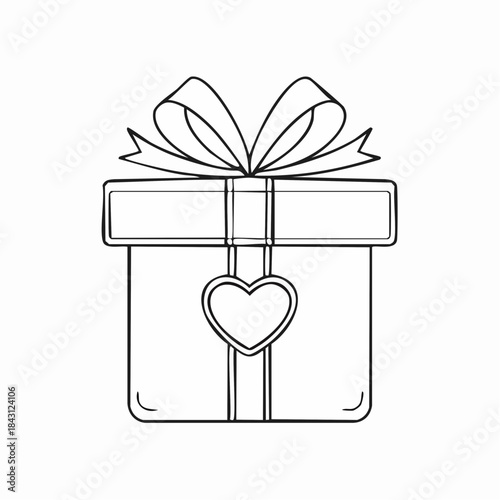 Hand drawn wrapped present with bow and small heart label for February gifting themes