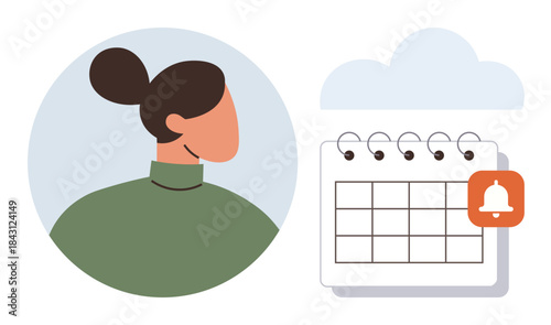 Womans profile next to a spiral-bound calendar with a bell notification. Ideal for scheduling, reminders, planning, productivity, organization, time management, appointment booking. Simple flat