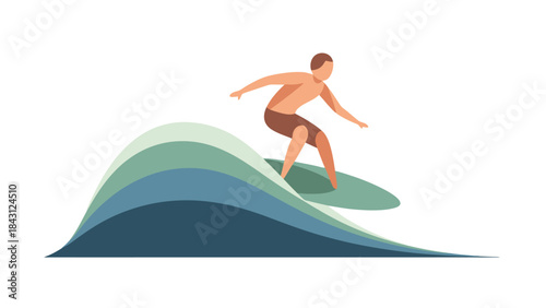 Man Surfing on Blue Green Waves Ocean Sport and Activity Illustration