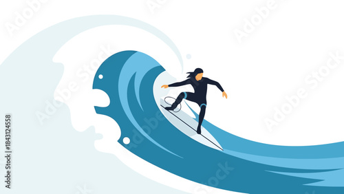 Dynamic Illustration of a Person Surfing a Big Ocean Wave Capturing the Thrill of Extreme Water Sports and Summer Adventure