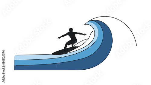 Surfer Riding a Crashing Ocean Wave Silhouette Vector Art