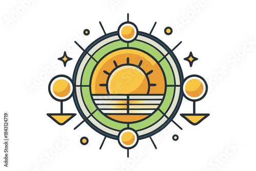 sun badge floating orbs icon