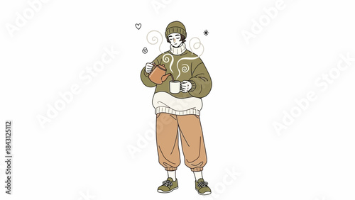 Illustration showing a person pouring tea into a mug in a relaxed and cozy setting