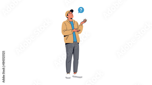 A man with a question mark wondering about solving problems in this vector illustration