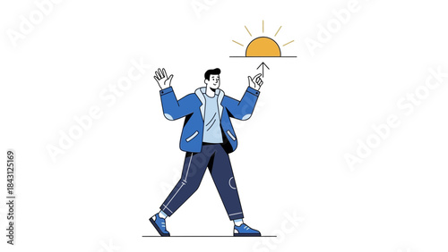 Illustration of a man interacting with the sun, representing concepts like future or achievement