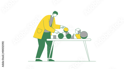 Conceptual illustration of person interacting with geometric shapes, modern design