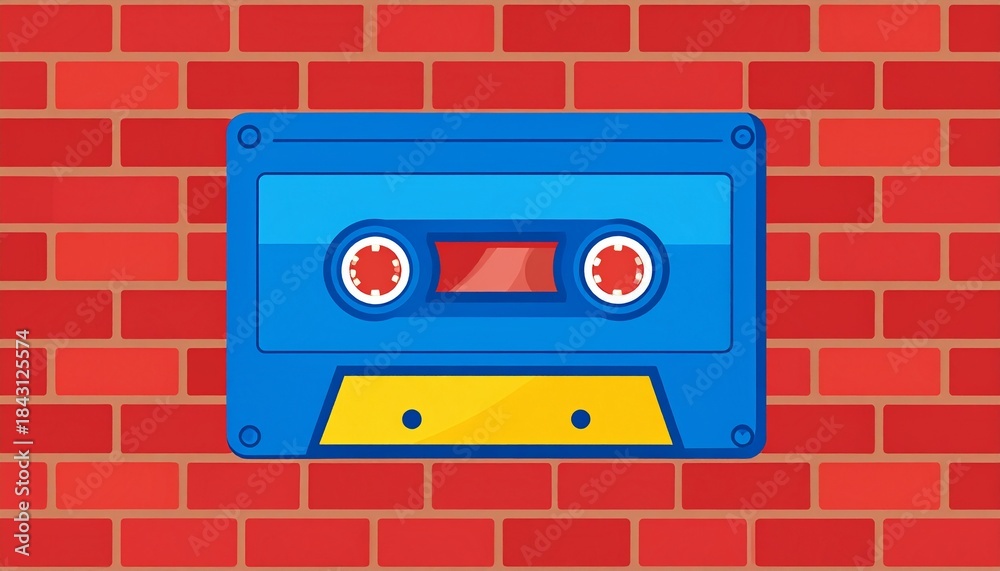 Fototapeta premium A vibrant blue audio cassette tape with a yellow label section depicted in a flat illustration style on a red brick wall.