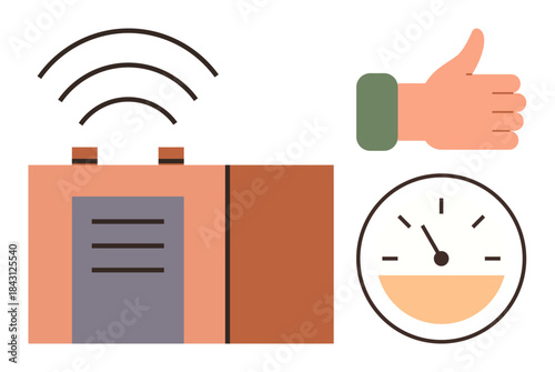 Wireless router emitting signals with a thumbs-up gesture and speedometer. Ideal for technology, internet, network, speed, approval, performance, connectivity. Simple flat metaphor