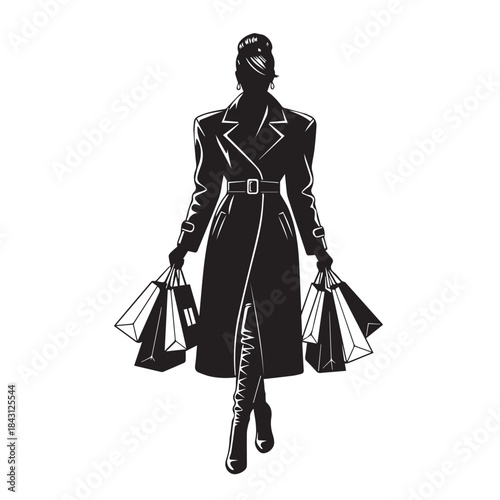 Shopping Woman Silhouette in Trench Coat Carrying Bags Vector Illustration