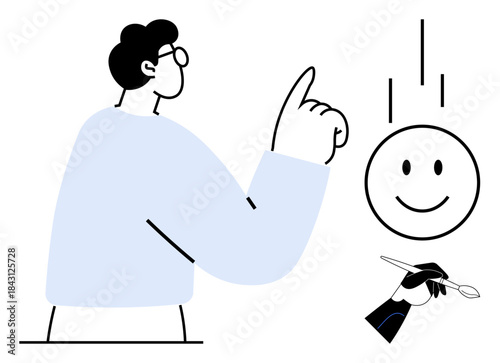 Creativity concept. Creativity through minimalistic art with a person gesturing toward a happy face being painted. Creativity fosters innovation, design, and original thinking. Great for marketing