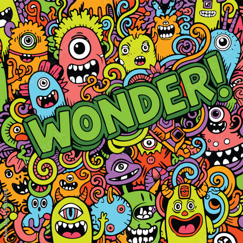 Wonderful colorful doodle monster pattern, playful cartoon creatures, vibrant and cheerful