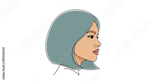 Illustration showcases a side portrait of a woman with a stylish bob haircut in pastel shades