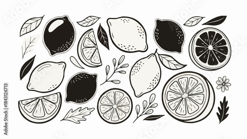 Hand Drawn Lemon Collection With Leaves And Flowers.