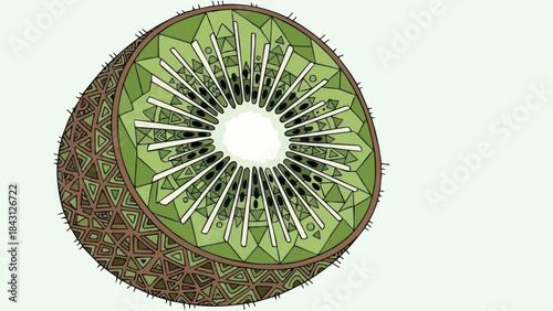Detailed illustration of a cross-section of a kiwi fruit showing its vibrant green flesh and black seeds arranged in a radial pattern.