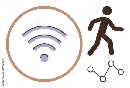 wireless signal, walking figure, and data graph connectivity elements. Ideal for technology, IoT, fitness monitoring, analytics, tracking digital communication automation. Simple flat metaphor
